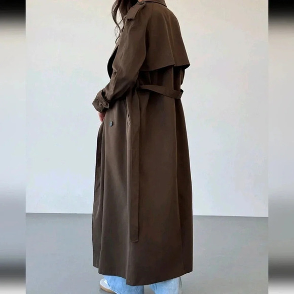 Extra Long Tie Waist Double-Breasted Decor English Style Lapel Brown Trench Coat - Picture 4 of 7